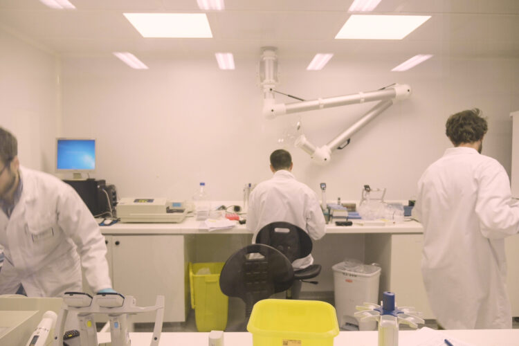 Employé en train d'analyser un médicament